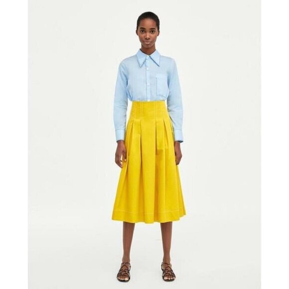 NWOT Zara mustard yellow pleated A-line midi skirt, XS - Picture 1 of 10